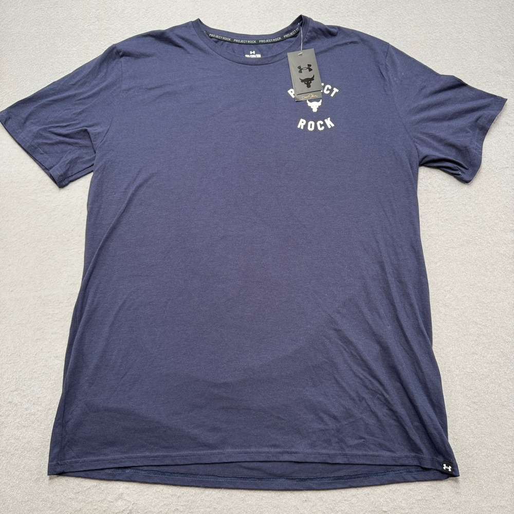NEW Under Armour T-Shirt Men's 2XL Navy Blue Project Rock Loose Fit Training Gym